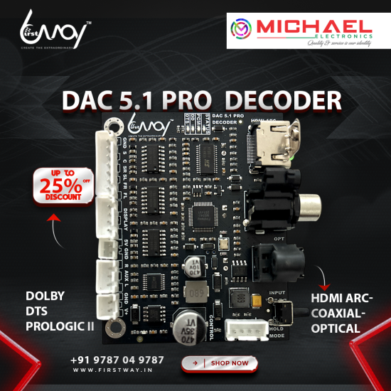 FIRSTWAY DAC 5.1 PRO Decoder | Dolby Digital & DTS Surround Sound Support | 6-Channel Audio Output | Optical, Coaxial, HDMI, USB, AUX Input | Bass Management | Made in India