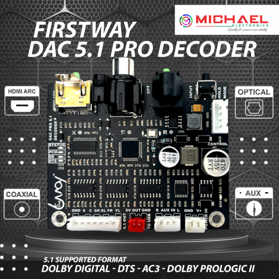FIRSTWAY DAC 5.1 PRO Decoder | Dolby Digital & DTS Surround Sound Support | 6-Channel Audio Output | Optical, Coaxial, HDMI, USB, AUX Input | Bass Management | Made in India